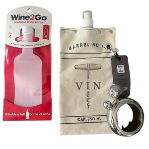 Great Gift Set! Wine2Go Foldable Wine Bottle and Tote+able Canvas Flask Set